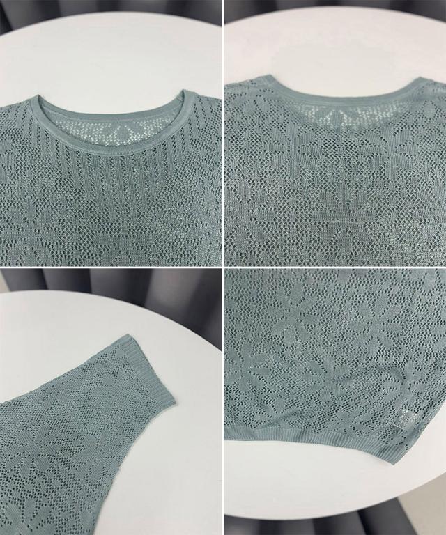 サマーニット 七分袖透かし編みトップス 送料無料 即日発送-3