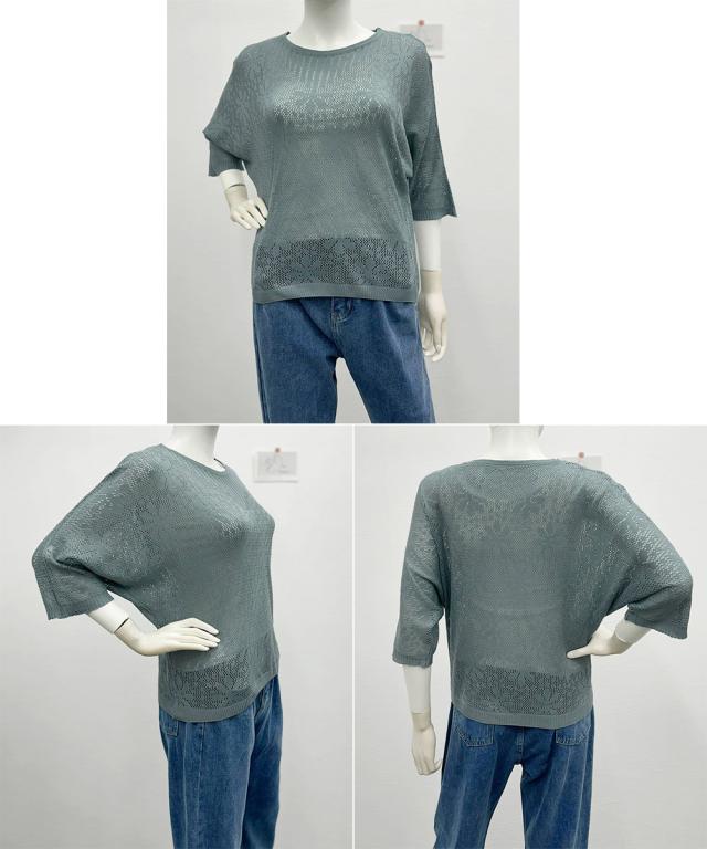 サマーニット 七分袖透かし編みトップス 送料無料 即日発送-4