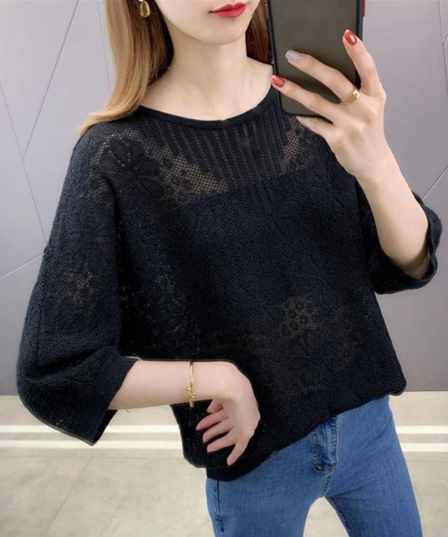 サマーニット 七分袖透かし編みトップス 送料無料 即日発送-5