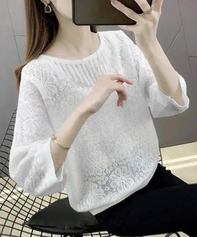 サマーニット 七分袖透かし編みトップス 送料無料 即日発送-7