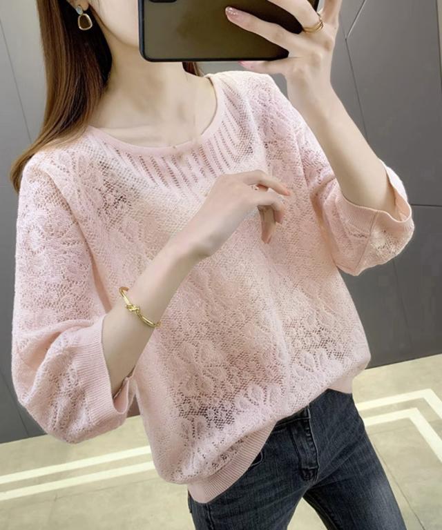 サマーニット 七分袖透かし編みトップス 送料無料 即日発送-8