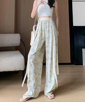 総柄ワイドパンツレディースウエストリボン 送料無料 即日発送-4