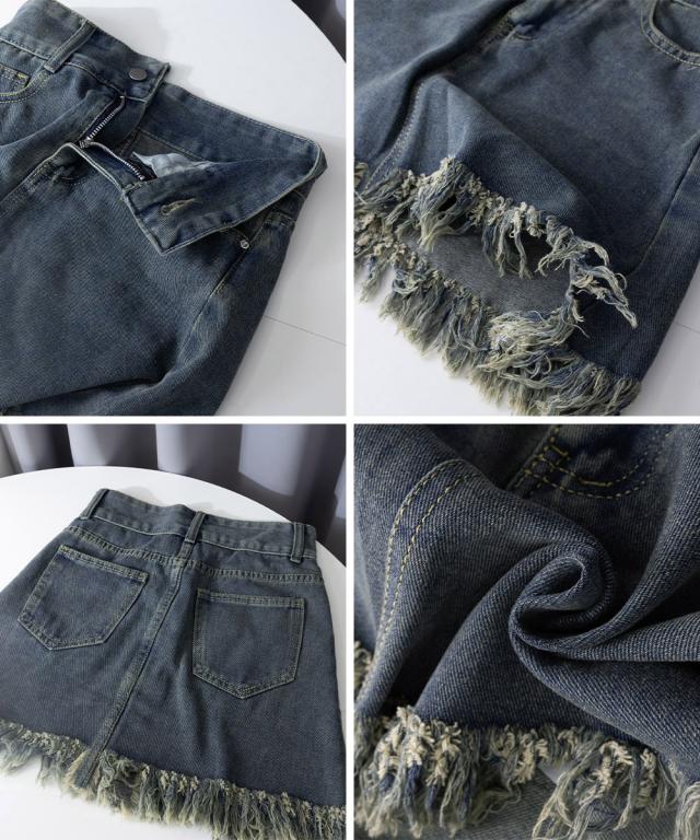 裾フリンジ デニムスカート ハイウエスト 送料無料 即日発送-3