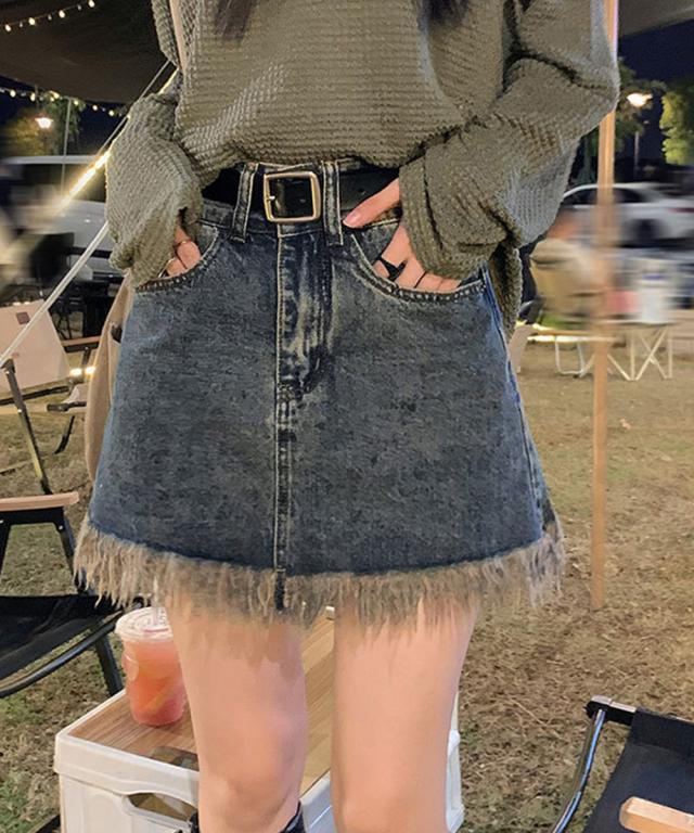 裾フリンジ デニムスカート ハイウエスト 送料無料 即日発送-4