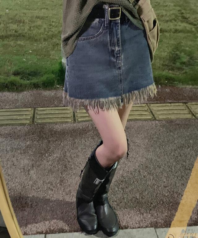 裾フリンジ デニムスカート ハイウエスト 送料無料 即日発送-5