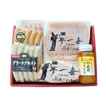 大阪 夢一喜 熟成ハム ウインナー詰合せ 5種　ロースハムブロック250ｇ、ロースハムスライス79ｇ、ベーコンスライス80ｇ　等 送料無料-1