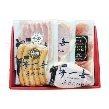 大阪 夢一喜 熟成ハム ウインナー詰合せ 5種　ロースハムブロック250ｇ、ロースハムスライス110ｇ、ベーコンスライス80ｇ　等 送料無料-1