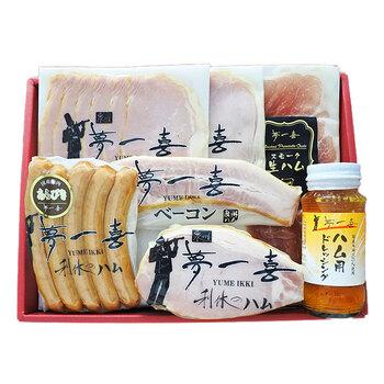 大阪 夢一喜 熟成ハム ウインナー詰合せ 5種　ロースハムブロック280ｇ、ロースハムスライス79ｇ×2、あらびきウインナー130ｇ　等 送料無料-1