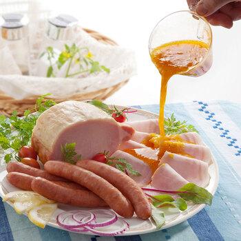 大阪 夢一喜 熟成ハム ウインナー詰合せ 5種　ロースハムブロック280ｇ、ロースハムスライス79ｇ×2、あらびきウインナー130ｇ　等 送料無料-2