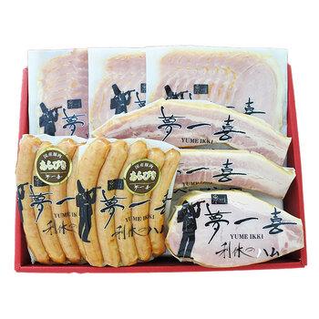 大阪 夢一喜 熟成ハム ウインナー詰合せ 5種　ロースハムブロック280ｇ、ロースハムスライス110ｇ×2、ボンレスハムスライス110ｇ　等 送料無料-1