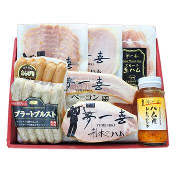 大阪 夢一喜 熟成ハム ウインナー詰合せ 6種　ロースハムブロック280ｇ、ロースハムスライス110ｇ、ボンレスハムスライス110ｇ　等 送料無料-1