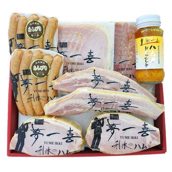 大阪 夢一喜 熟成ハム ウインナー詰合せ 5種　ロースハムブロック250ｇ×2、ロースハムスライス110g、ボンレスハムスライス110ｇ　等 送料無料-1