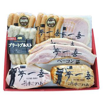 大阪 夢一喜 熟成ハム ウインナー詰合せ 6種　ロースハムブロック280ｇ、ロースハムスライス110ｇ、ボンレスハムブロック300ｇ　等 送料無料-1