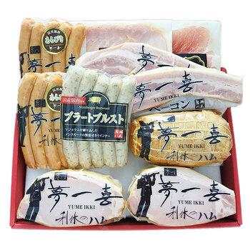 大阪 夢一喜 熟成ハム ウインナー詰合せ 7種　ロースハムブロック250ｇ×2、ロースハムスライス79ｇ、ボンレスハムブロック300ｇ　等 送料無料-1