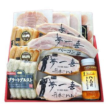 大阪 夢一喜 熟成ハム ウインナー詰合せ 7種　ロースハムブロック250ｇ×2、ロースハムスライス110ｇ×2、ベーコンステーキ100ｇ　等 送料無料-1