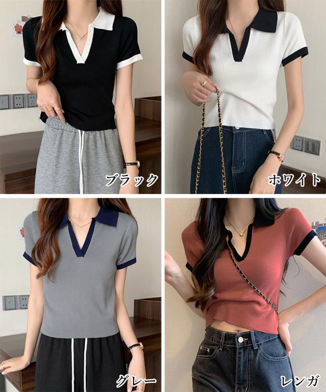 サマーニット夏Vネック半袖ニットトップス 送料無料 即日発送-1