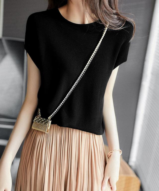 フレンチスリーブサマーニットバックボタン 送料無料 即日発送-4