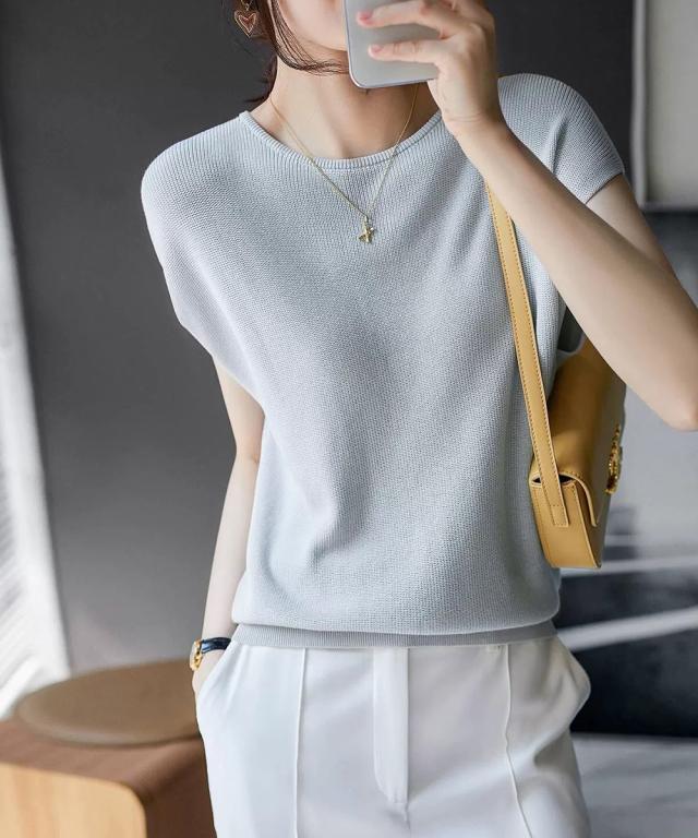 フレンチスリーブサマーニットバックボタン 送料無料 即日発送-6