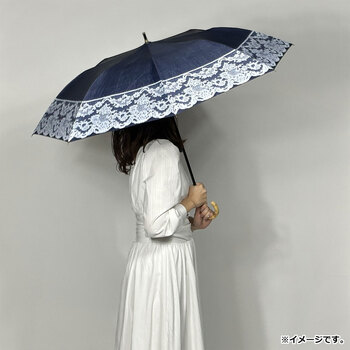 晴雨兼用ショートワイド傘 リネン風無地×リバーレースプリント ネイビー×オフホワイト 送料無料-2