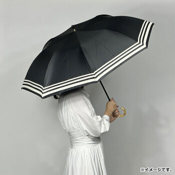 晴雨兼用ショートワイド傘 竹手元 裏黒コーティング マリンボーダー ブラック 送料無料-2