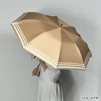 晴雨兼用ショートワイド傘 竹手元 裏黒コーティング マリンボーダー ベージュ 送料無料-2