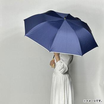 晴雨兼用ショートワイド傘 竹手元 裏黒コーティング 無地裾パイピング ネイビー 送料無料-2