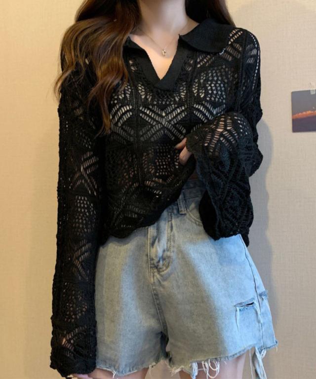 透かし編み ニットトップス ベルスリーブ 送料無料 即日発送-4