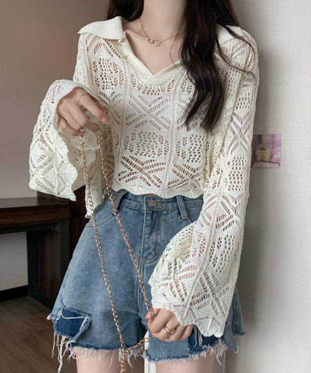 透かし編み ニットトップス ベルスリーブ 送料無料 即日発送-5