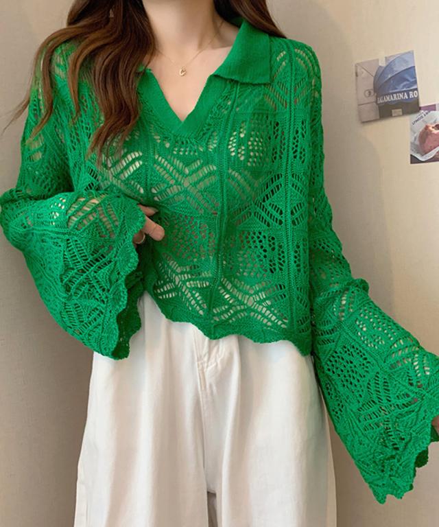 透かし編み ニットトップス ベルスリーブ 送料無料 即日発送-8