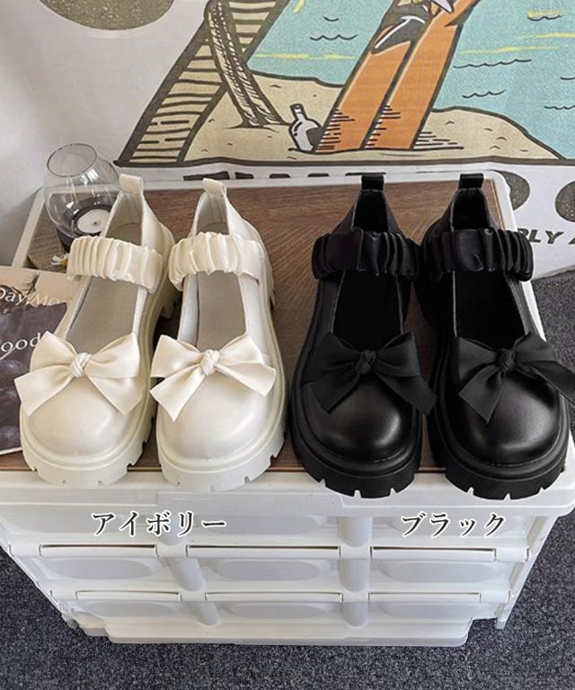 リボン厚底ローファーパンプスラウンドトゥ 送料無料 即日発送-1