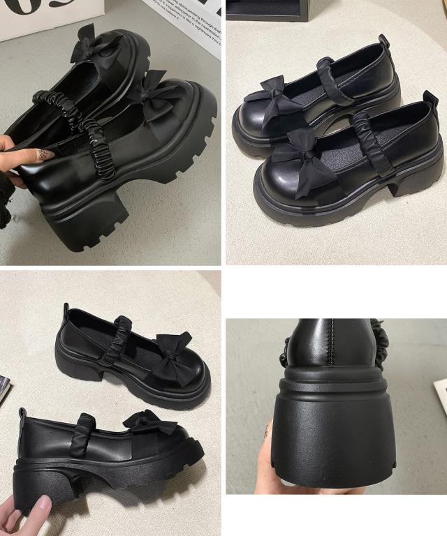 リボン厚底ローファーパンプスラウンドトゥ 送料無料 即日発送-3