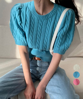 ケーブル編みニットトップス パフスリーブ 送料無料 即日発送-0