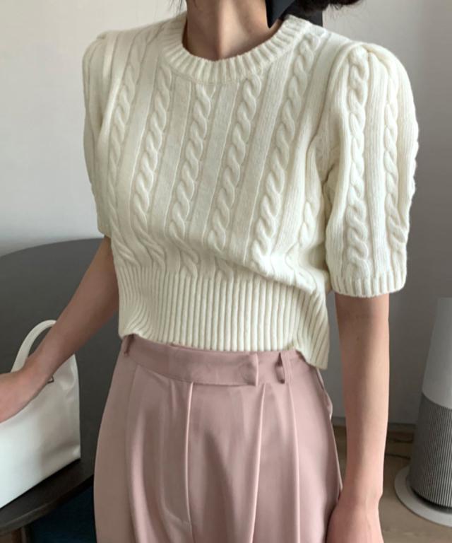 ケーブル編みニットトップス パフスリーブ 送料無料 即日発送-4