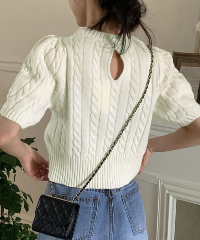ケーブル編みニットトップス パフスリーブ 送料無料 即日発送-5
