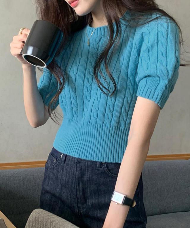 ケーブル編みニットトップス パフスリーブ 送料無料 即日発送-6