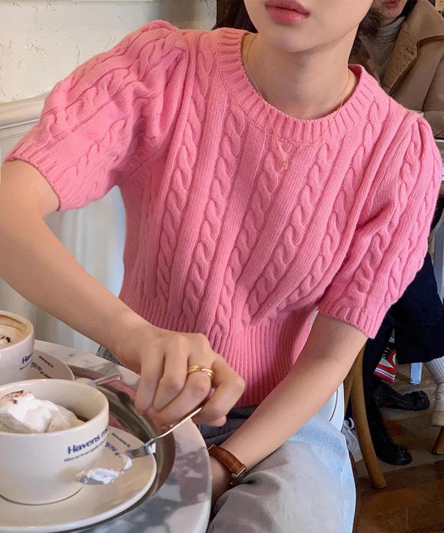 ケーブル編みニットトップス パフスリーブ 送料無料 即日発送-8