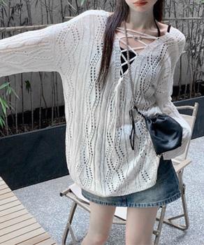 透かし編み ニットトップス レースアップ 送料無料 即日発送-9