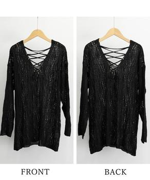 透かし編み ニットトップス レースアップ 送料無料 即日発送-2