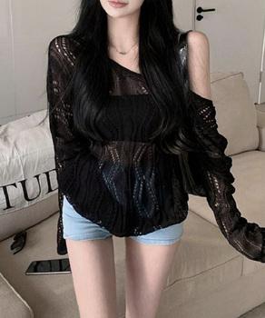 透かし編み ニットトップス レースアップ 送料無料 即日発送-4