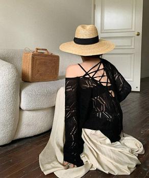 透かし編み ニットトップス レースアップ 送料無料 即日発送-6