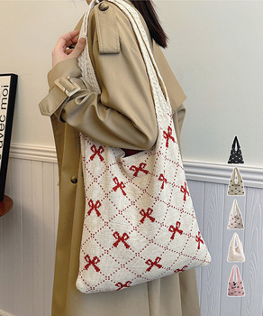 ニットトートバッグ リボン柄ニット編み鞄 送料無料 即日発送-0