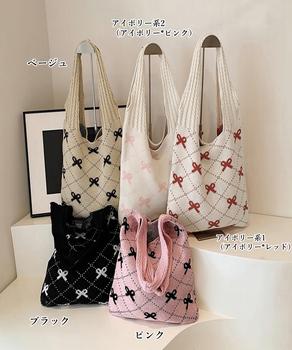 ニットトートバッグ リボン柄ニット編み鞄 送料無料 即日発送-1