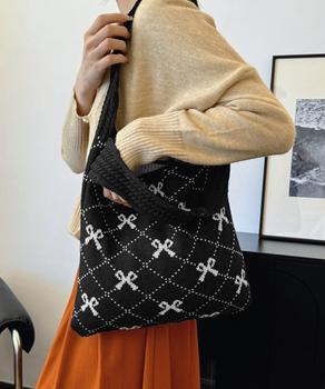 ニットトートバッグ リボン柄ニット編み鞄 送料無料 即日発送-2