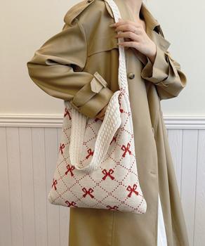 ニットトートバッグ リボン柄ニット編み鞄 送料無料 即日発送-4