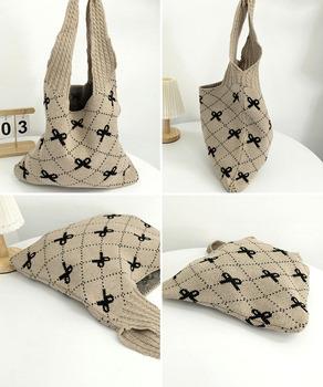 ニットトートバッグ リボン柄ニット編み鞄 送料無料 即日発送-8