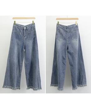 ワイドデニムパンツ 裾フリンジ ジーパン 送料無料 即日発送-2