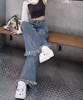 ワイドデニムパンツ 裾フリンジ ジーパン 送料無料 即日発送-6