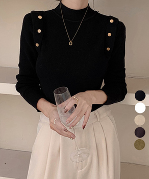 メタルボタンニットトップスプチハイネック 送料無料 即日発送-0