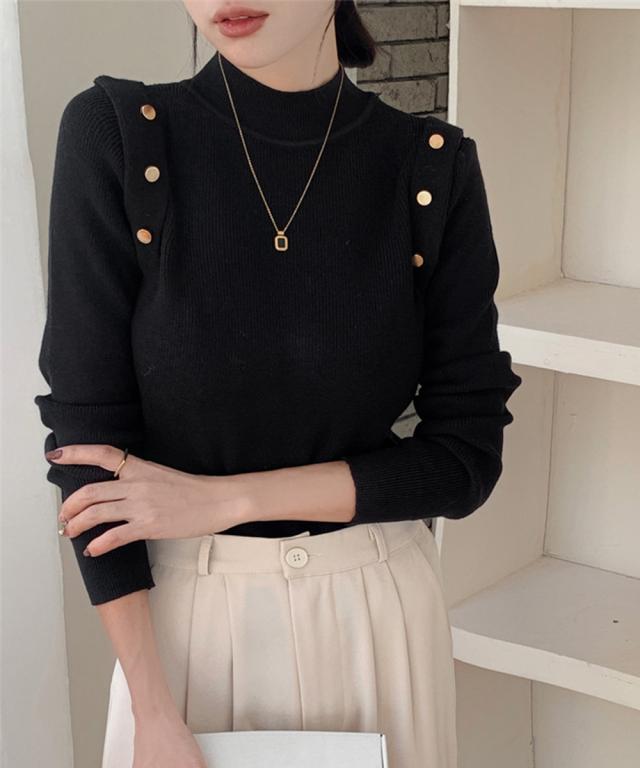 メタルボタンニットトップスプチハイネック 送料無料 即日発送-5