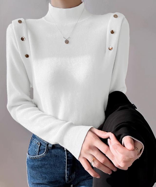 メタルボタンニットトップスプチハイネック 送料無料 即日発送-6